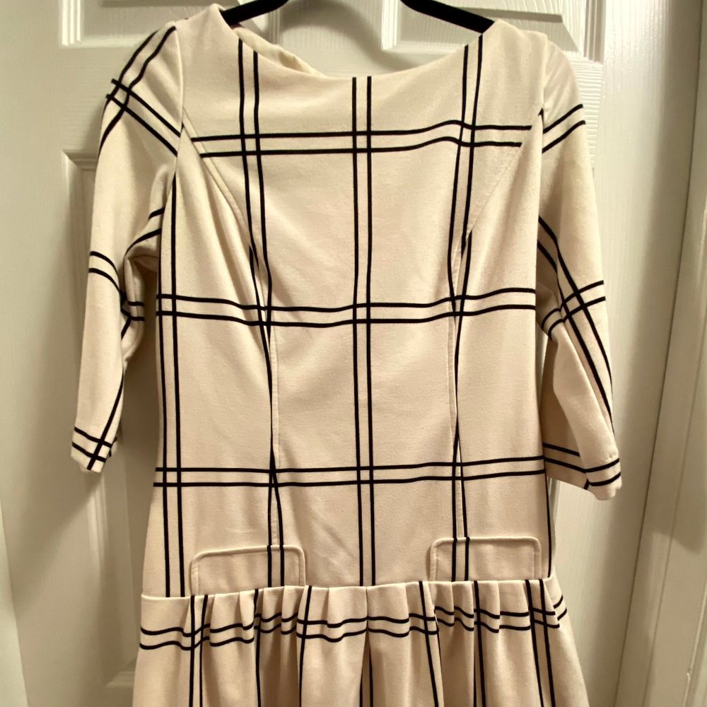 Long Sleeve Red Saks Fifth Avenue Drop Waist Dress with Crosshatch Pattern